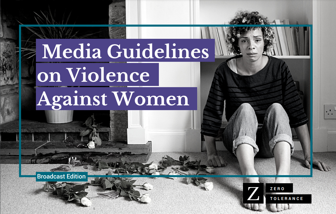 front cover of our Media Guidelines on Violence Against Women, broadcast edition. Image on front shows woman upset and sitting on the floor next to fireplace. White roses are strewn across the floor.