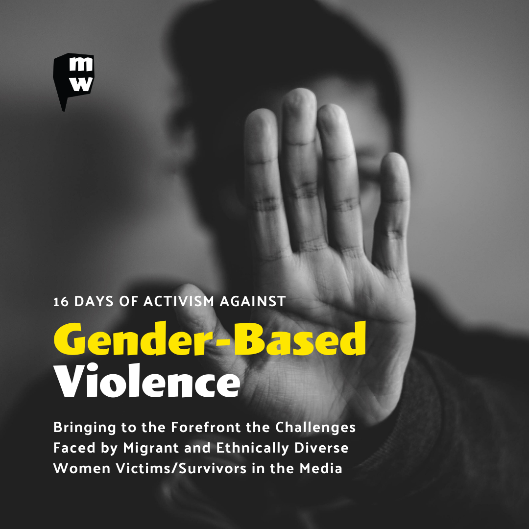Background image is a woman of colour with her hand out in a 'stop' sign. Text reads "16 Days of Activism against gender based violence"