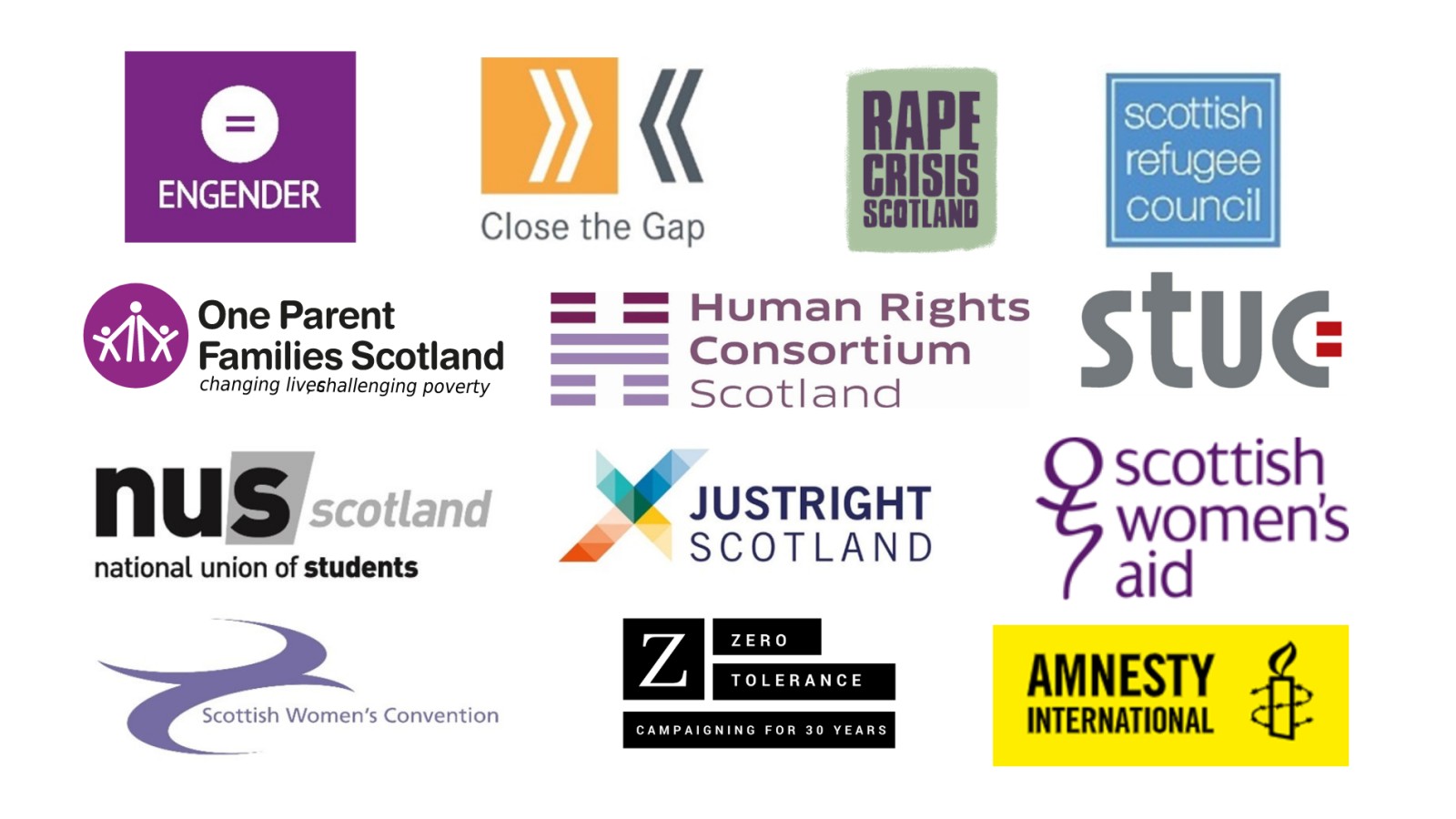 Logos of Amnesty International Close the Gap Engender Human Rights Consortium Scotland JustRight Scotland National Union of Students Scotland One Parent Families Scotland Rape Crisis Scotland Scottish Trades Union Congress Scottish Refugee Council Scottish Women’s Aid Scottish Women’s Convention Scottish Women’s Rights Centre Young Women’s Movement Zero Tolerance